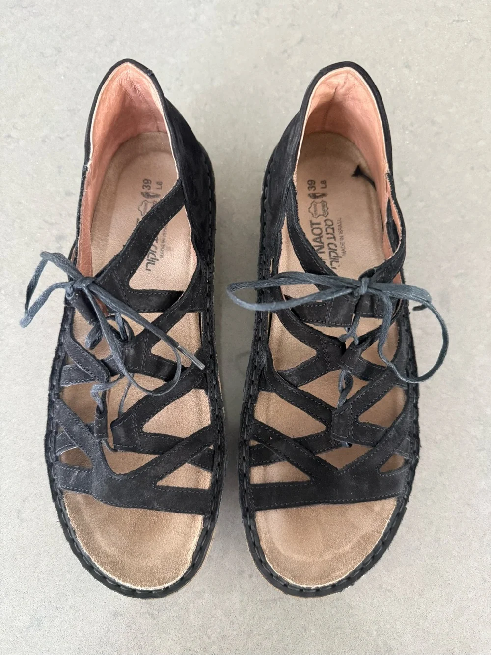 Naot Black Suede Lace-Up Wedge Sandals